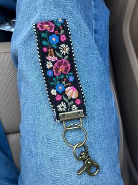 NATURAL LIFE Embroidered Floral Black Key Fob Wristlet with Pink & Blue Flowers